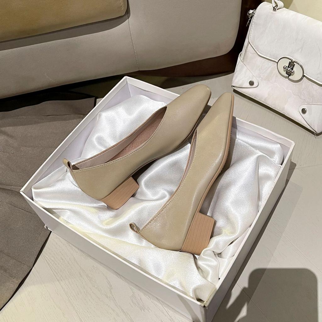 Square Head Single Shoes Women's Thick Heel 2025 New Fairy Wind Ladyshoes Shallow Mouth Middle Heel Size Women's Shoes Grandma Shoes Versatile