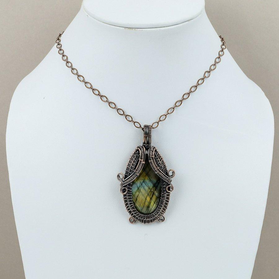 Natural Labradorite Gemstone Handmade Copper Wire Wrap Pendant 2.80" L9a36
