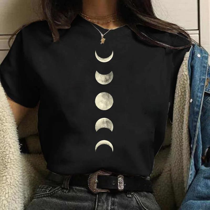 Moon PrintWomen Harajuku Summer T Shirt Girl Fashion Black Tops Funny Female T-shirt Casual Tee Woman Clothes Y2k Cute Tops