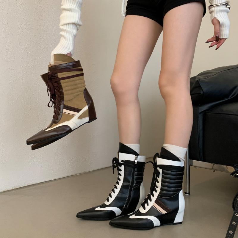 Fashion Hot Sale Retro Color - Block Pointed Toe Lace - Up Wedge Mid - Calf Boots Women's Chic Patchwork Booties