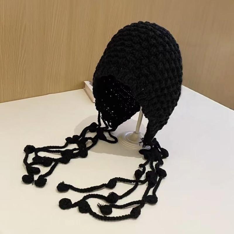 Autumn and winter new plush ear protection bag head hat women's warm versatile wool knitted hat mixed color drawstring