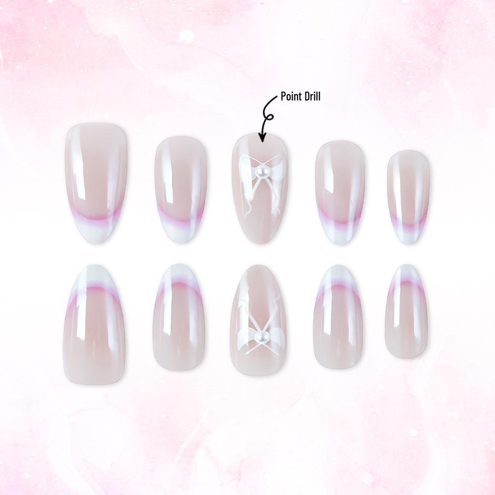 Almond Electroplated French Manicure with Rhinestone Bow Detachable Nude False Nails - Set of 30