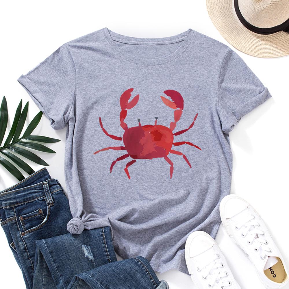 Fashion Women's Clothing Cute Crab Print Loose Crew Neck Short Sleeves T-Shirts Women’s
