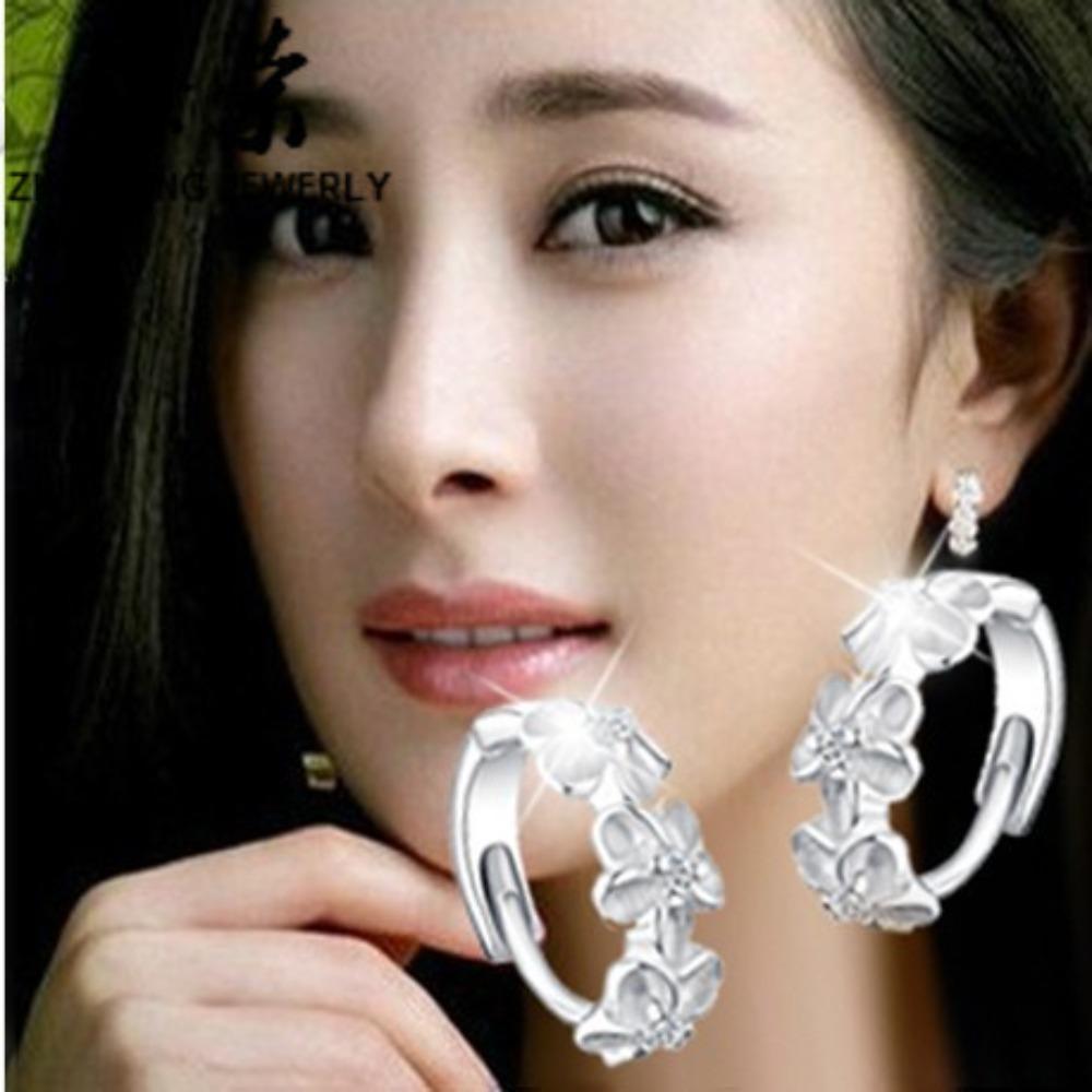 Earring Camellia Flower Ear Clips Silver Plated Copper Earrings for Women Fashion Jewelry