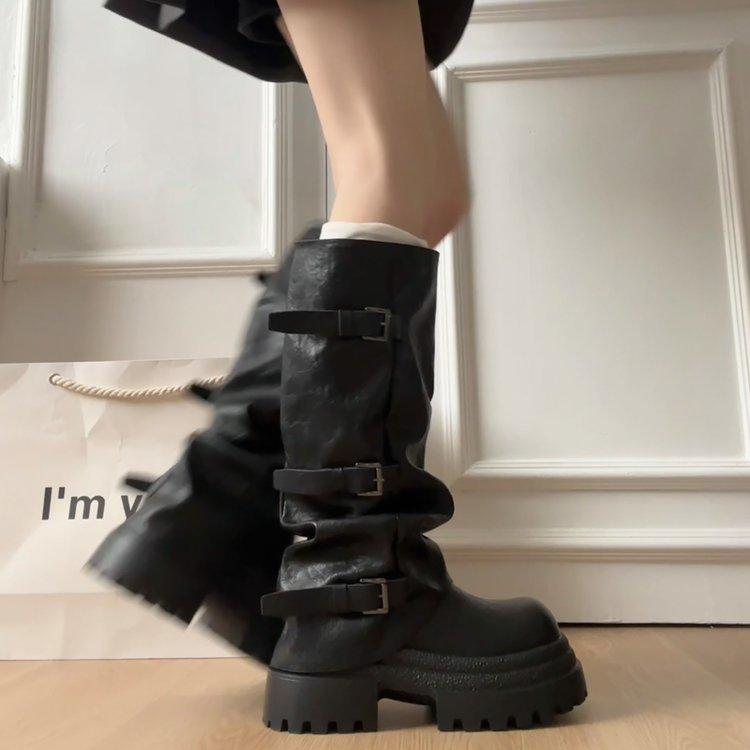 Thick-soled heightening knight boots women's 2025 new spring and autumn retro brown Maillard stacking boots medium tube boots