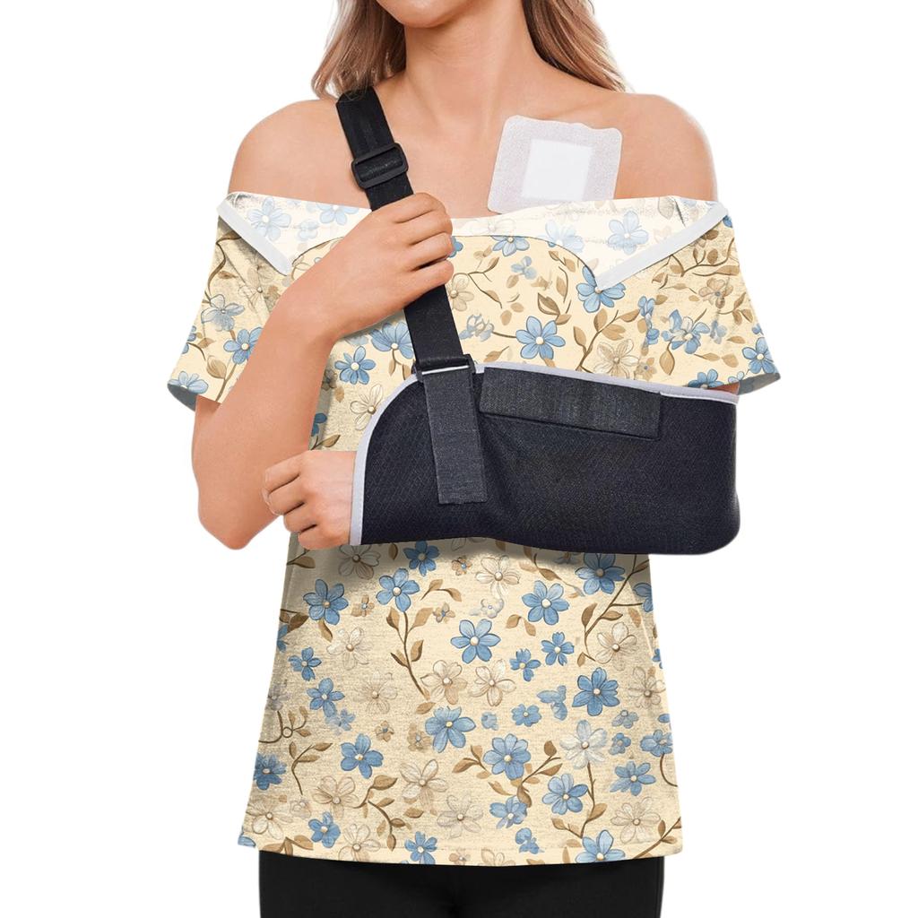 Women Postoperative Short Sleeve Floral Print Shirt with Shoulder Zipper and Side Hook and Loop Closure for Easy Dressing Comfort