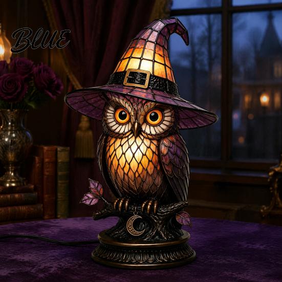 Transparent Gemstone Table Dreamy Purple Cat Hat Witch Light Black Lamp with Light Retro Style Bedside Night Gothic Halloween