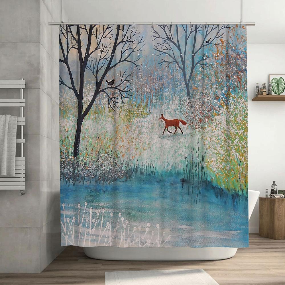 Forest Fox Shower Curtain Woodland Animal Nature Scenic Bathroom Decor Artistic Wildlife Tapestry Home Decor Farmhouse Style