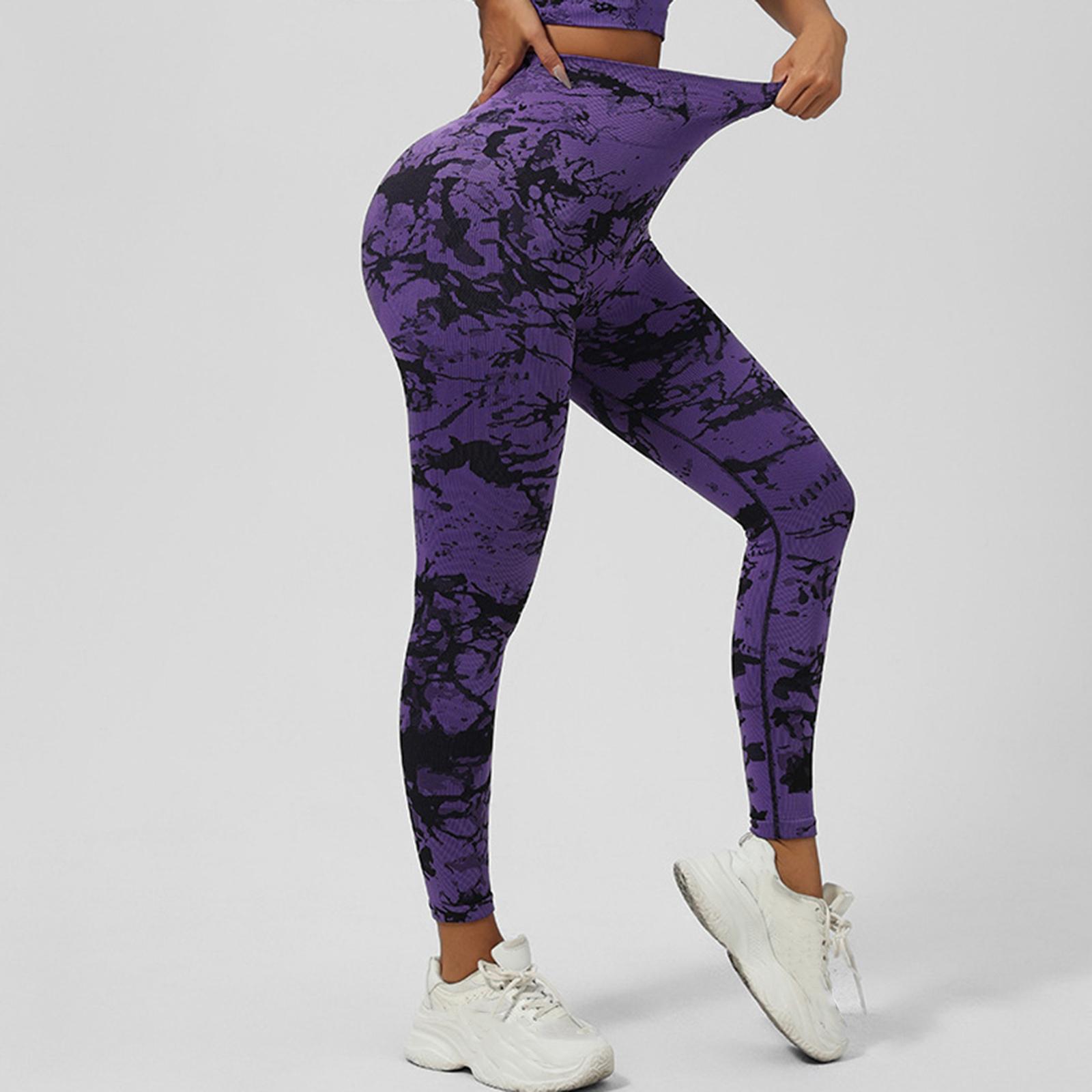 

Women s High Waist Tie Dye Leggings Butt Lift Stretchy Fitness Pants Breathable Workout Tights for Running Yoga Gym Training M фиолетовый