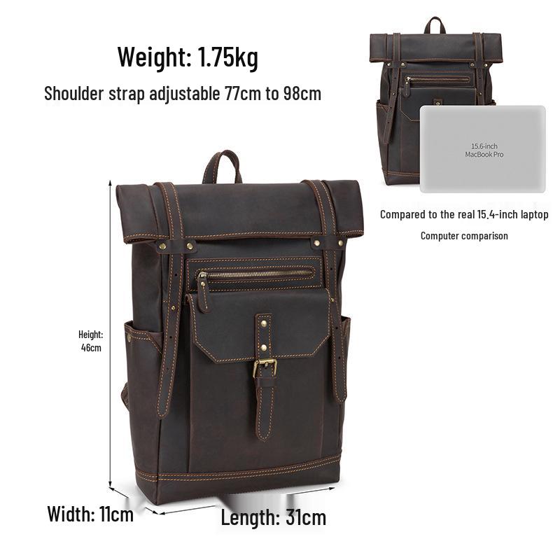 Men's Large Capacity Genuine Crazy Horse Leather Backpack for 15.6" Laptops – Trendy European & American Casual Travel Bag