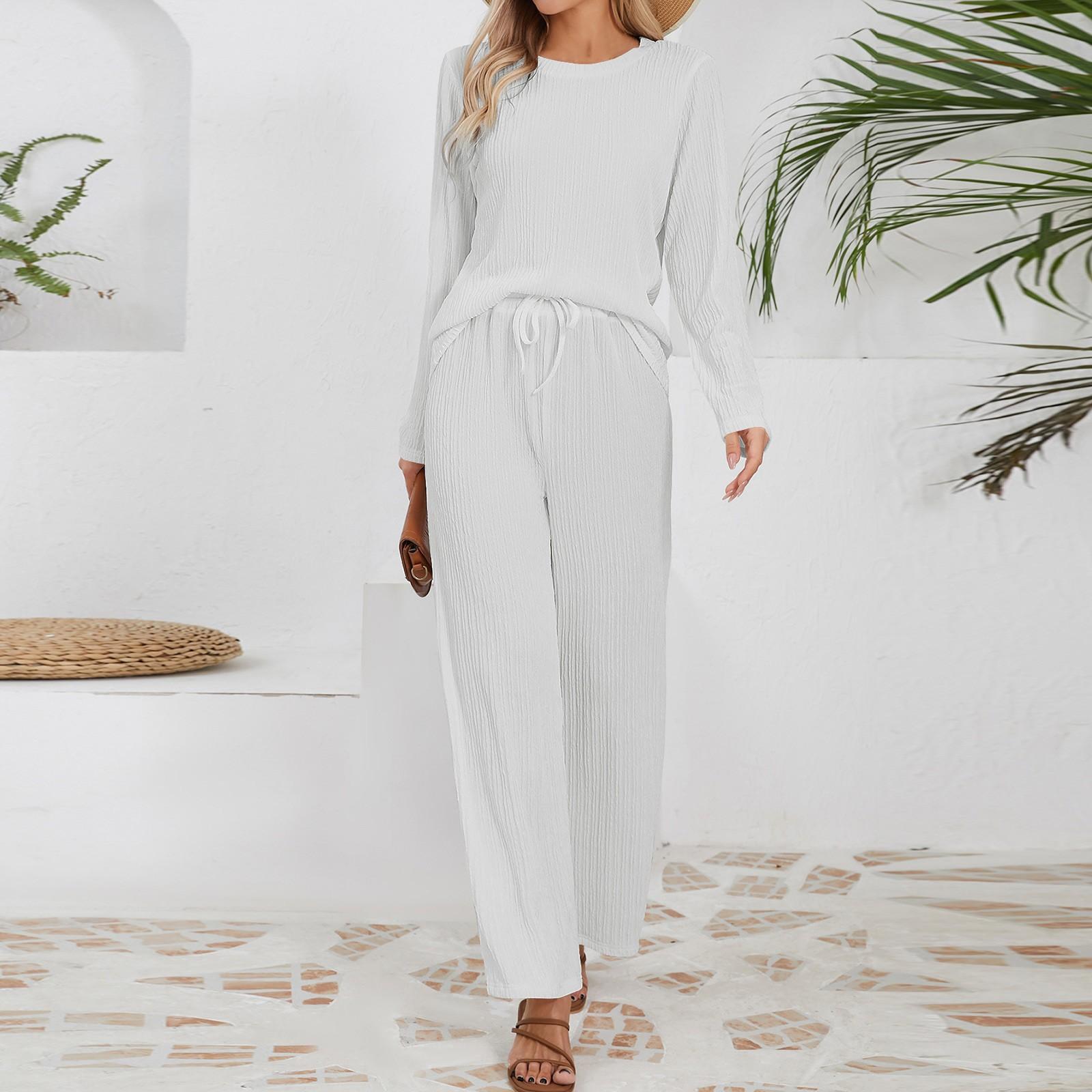 

Женские осенние комплекты из двух частей, топы с длинным рукавом, футболки, длинный удобный повседневный свободный костюм XL белый