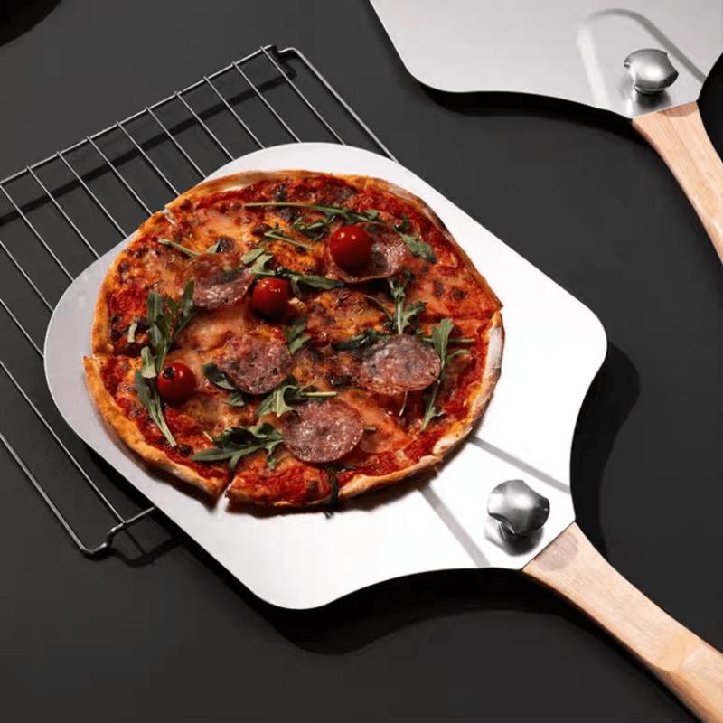 Pizza Shovel Aluminum Pizza Scraper 12inch Metal Pizza Spatula(12"x14") With a Swing Cutter and a Foldable Wooden Handle Suitable for Baking