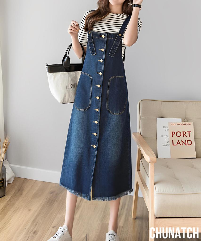 Chunachi Denim Overalls Dress American Plus Sky Plus Denim All Loose Overall Skirt Skirt, Below-the-Knee, Button-Front, Women's, Stylish, Dress-Up,