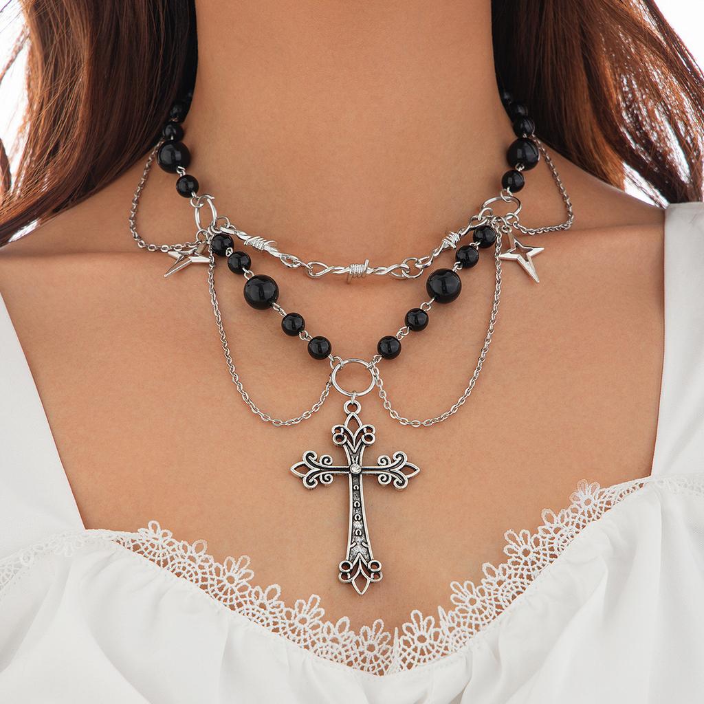 Sweet and cool ins style bow item jewelry, punk metal cross imitation pearl fringed necklace.