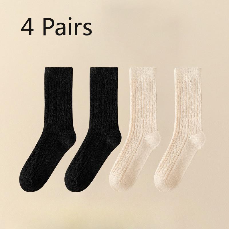 4 Pairs Autumn and Winter Socks, Women's Mid-calf Socks, Wool Imitation, Fleece, Thickened, Warm Solid Color, Retro Pile Socks, Postpartum Socks