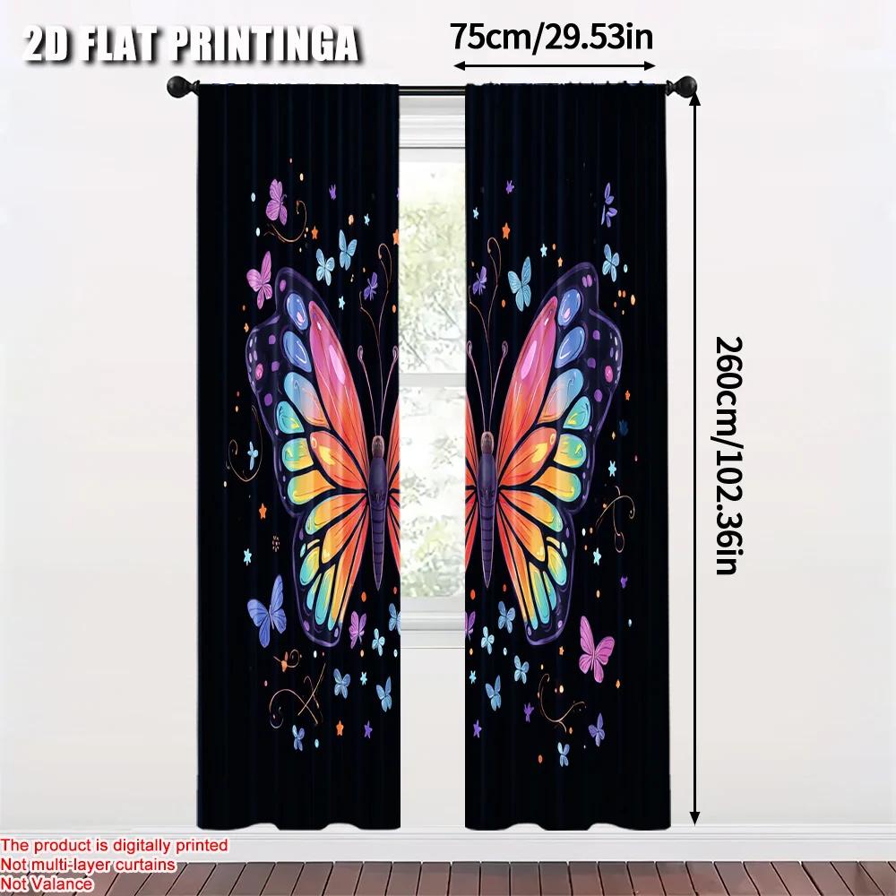2pcs   2D Flat Printing Party Curtain Color Butterfly 100% Polyester  Without Electricity Holiday Decorations Use for Bedroom and
