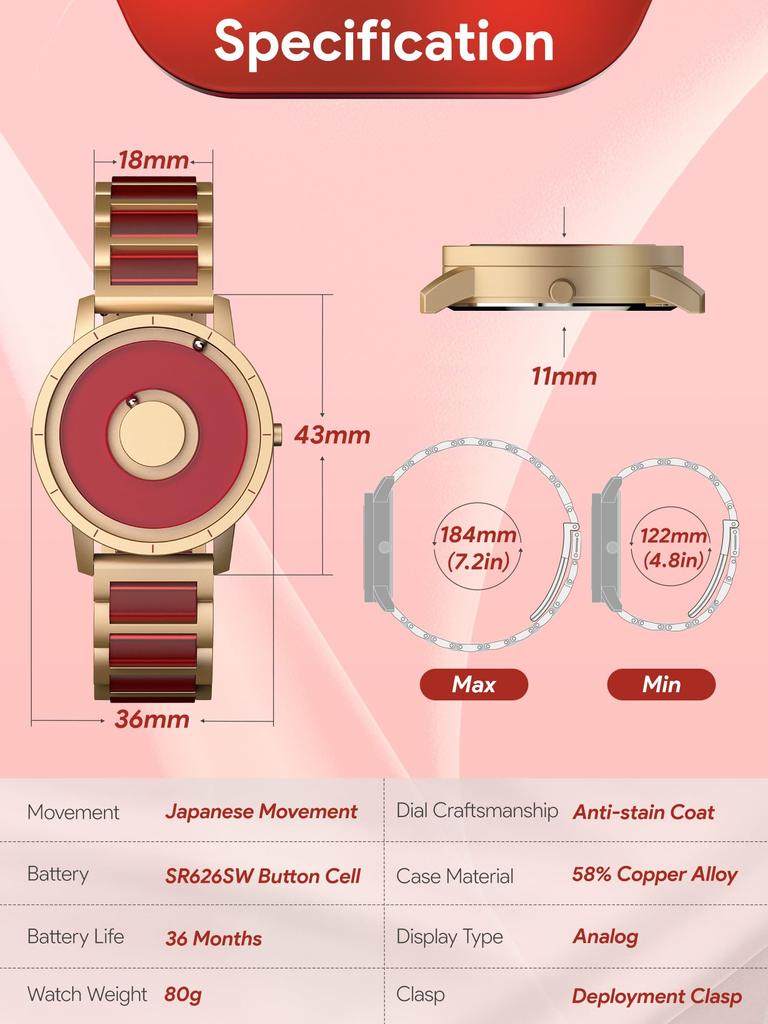 EUTOUR Magnetic Watch with Camouflage and Casual Quartz Magnetic Ball 3 ATM Water 36mm Gold and Red Resin Strap Women's Dial, Stylish, Elegant,