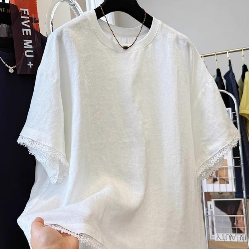 Damen T-Shirt mit kurzen Ärmeln aus Baumwoll-Leinen mit Spitzenbesatz - Schickes & Bequemes Sommeroberteil