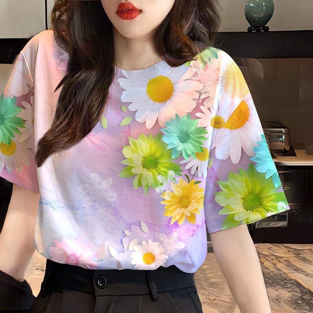 Summer Beautiful Flower 3D Print T-shirts Women Streetwear Fashion Casual Y2k Short Sleeve T Shirt O-neck Tees Tops Clothing