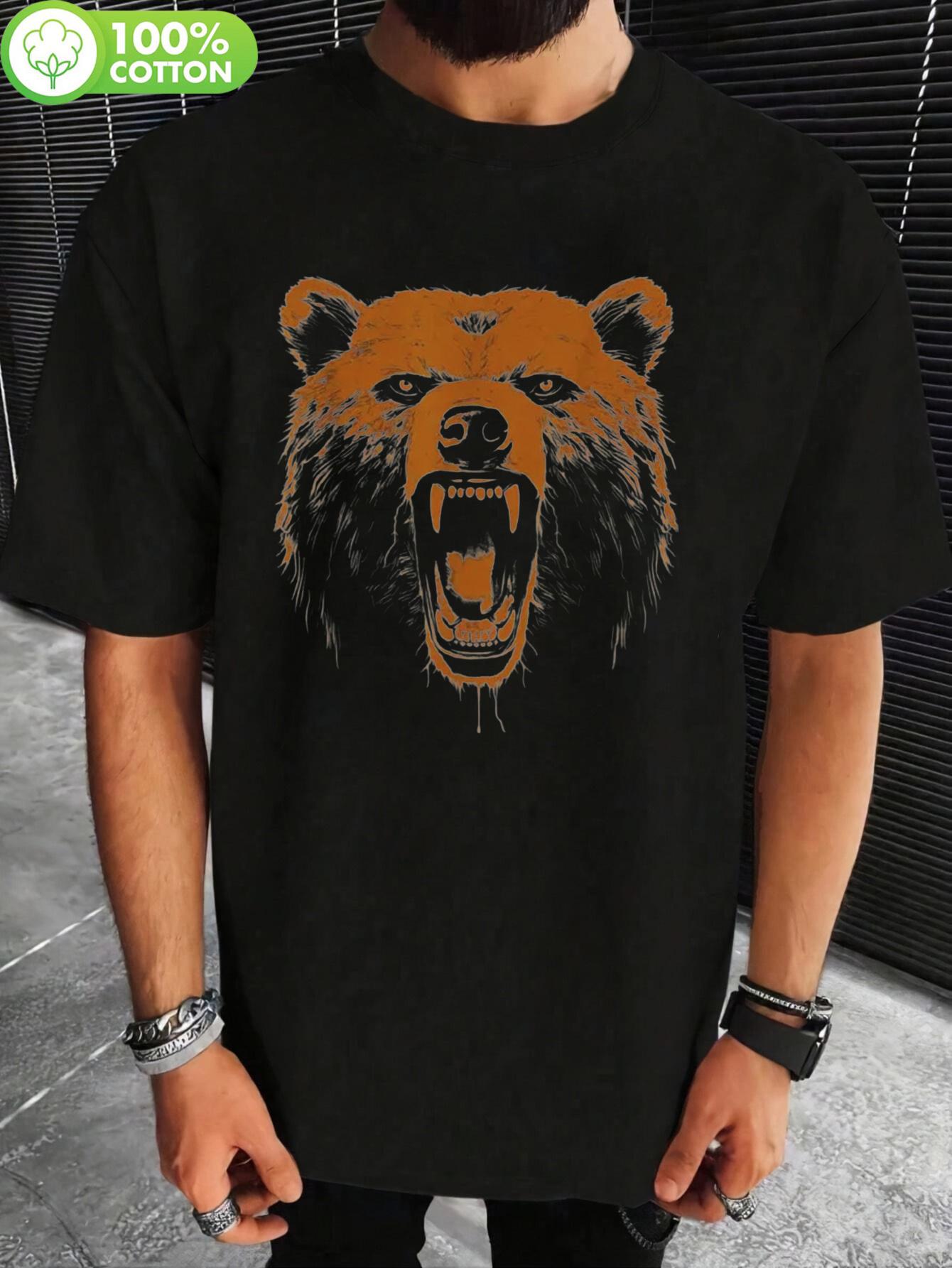 Black T-shirt with Orange Angry Grizzly Bear Print - Casual S
