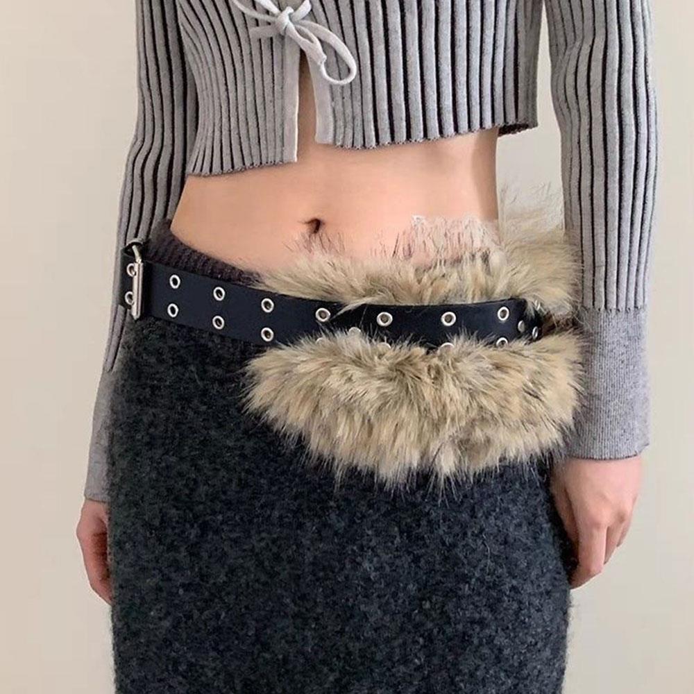 Punk Faux Fur Belts Y2K Vintage PU Studded Furry Patchwork Belt Cowgirl Metal Plush Waist Chain Fashion Waistband Jeans Belts