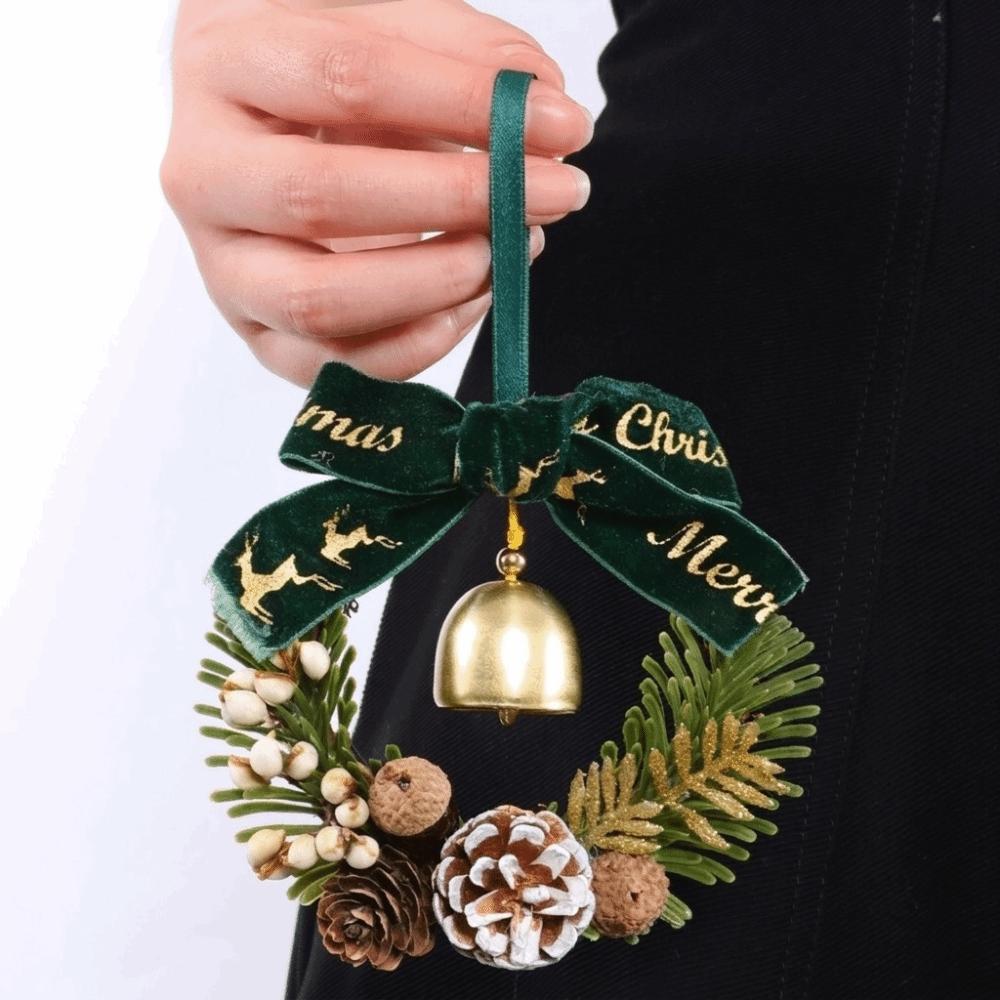 Velvet Bow Christmas Wreath Metal Bell Xmas Tree Hanging Ornaments Vintage Door Garland  Indoor