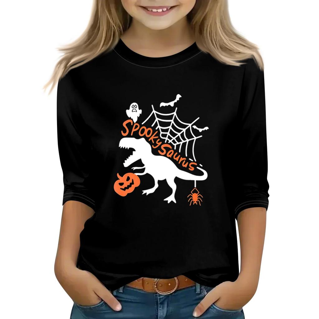 Print Tops For Youth Girls Round Neck 3/4 Sleeves T-Shirts Trendy Tops Outfit Tees