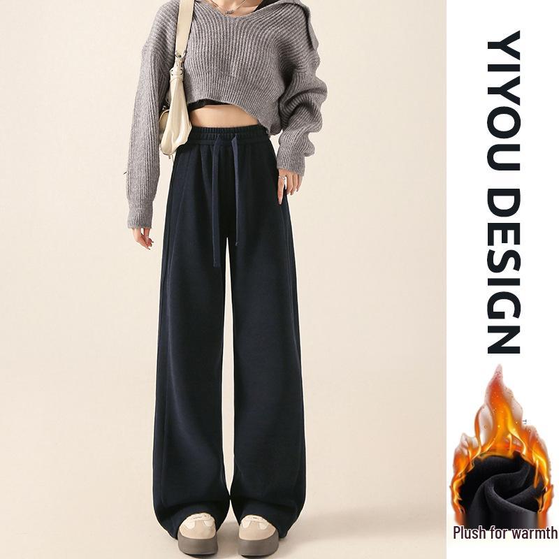 Women's Khaki Chenille Fleece-Lined Wide-Leg High-Waist Trousers: Sporty, Casual, Straight-Leg for Spring, Autumn, Winter.