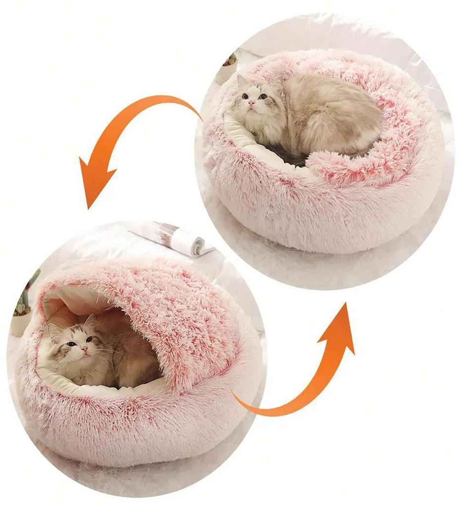 Plush Hooded Pet Bed Round Fluffy Soft Cat Bed Pet Cushion Warm Cat Dog 2 In 1 Sleeping Nest Cave for Small Dogs