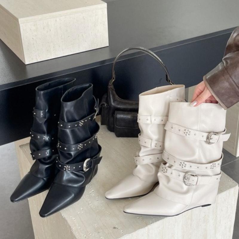 Fashion Autumn Vintage Thick Heel Women Western Cowgirl Boots Fashion Belt Buckle Ladies Elegant Slip On Mordern Mid Calf Booties