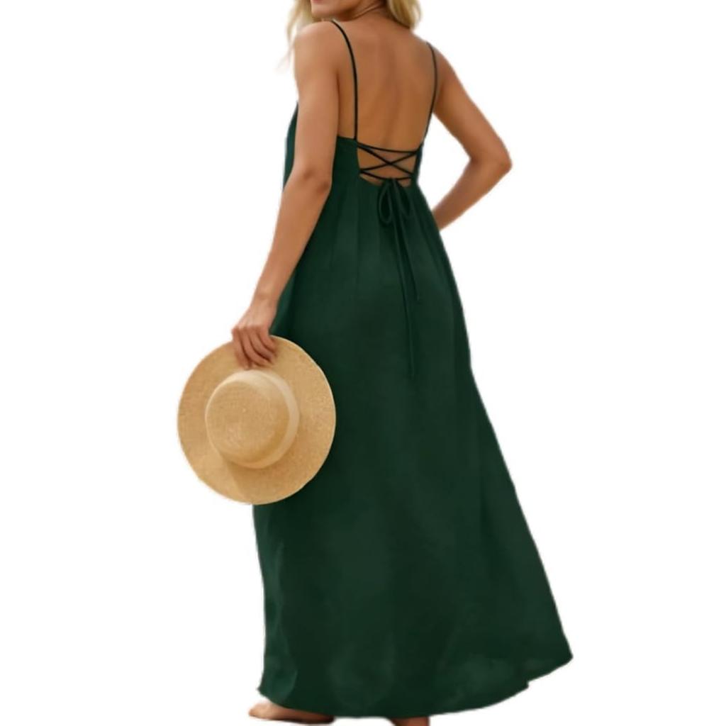 Zomerjurk voor dames Backless Spaghetti Bandjes Los Vallend Lang Cami Jurken Casual Los Vakantiefeest Strand Maxi Zomerjurk