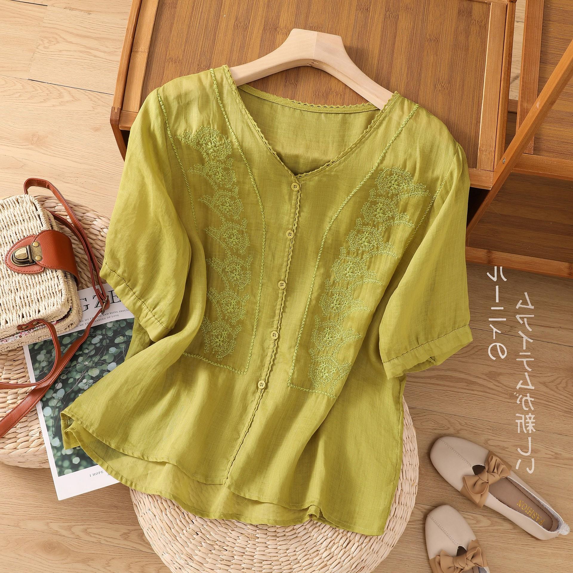 

Женская хлопковая и льняная кофта-пуловер с V-образным вырезом и короткими рукавами, летняя новая рубашка в стиле ретро свободного кроя и тонкой вязки 2025 года XL жёлтый