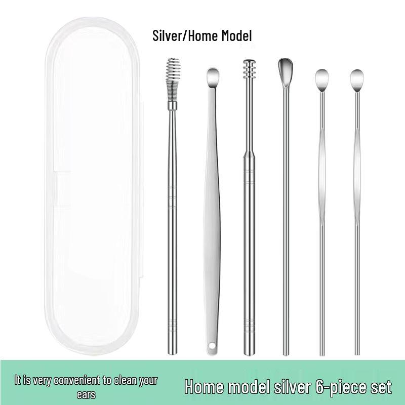 6-Piece Stainless Steel Ear Cleaning Set: Portable Spiral and Spoon Tools