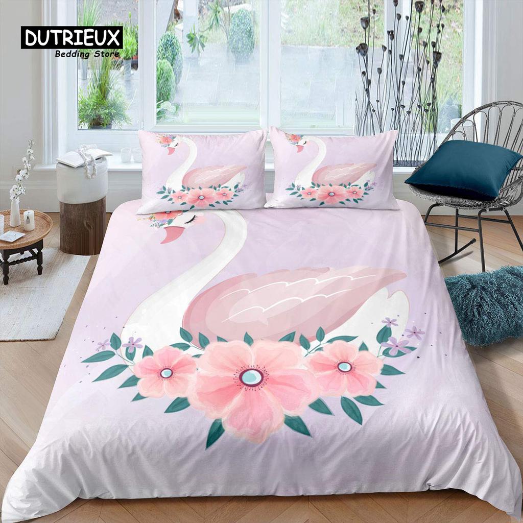 Swan Bedding Set Romantic Flowers Duvet Cover King Birds Wildlife Quilt Cover for Couple Lady Man Wedding Festival Party Decor