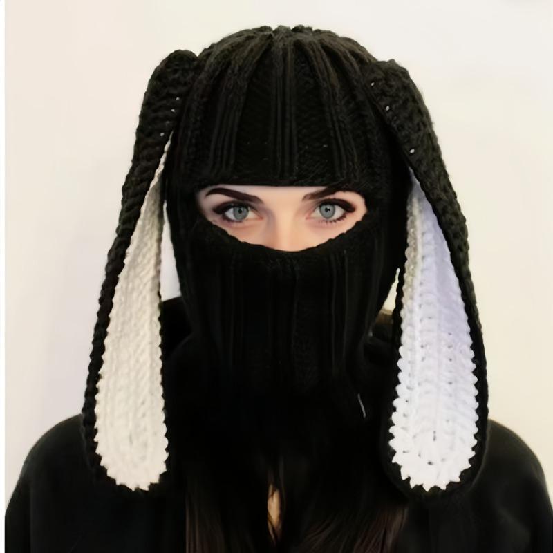 Ladies color matching big ears rabbit hat knitted wool hat autumn and winter warm headgear versatile cute mask