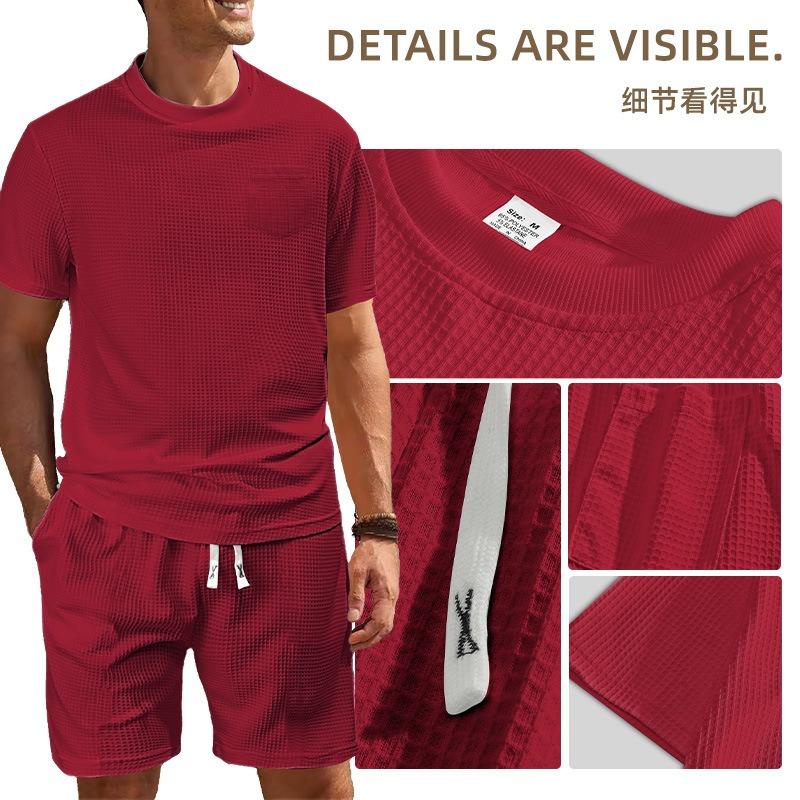 Men's New Summer Sports and Leisure Loose Thin Waffle Short-sleeved Shorts Set
