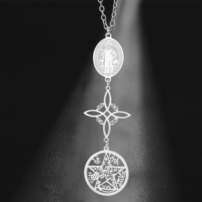 Dreifachschutz Halskette St. Benedikt Hexen Knoten Pentagramm Tetragrammaton Edelstahl Doppelseitiger Schmuck