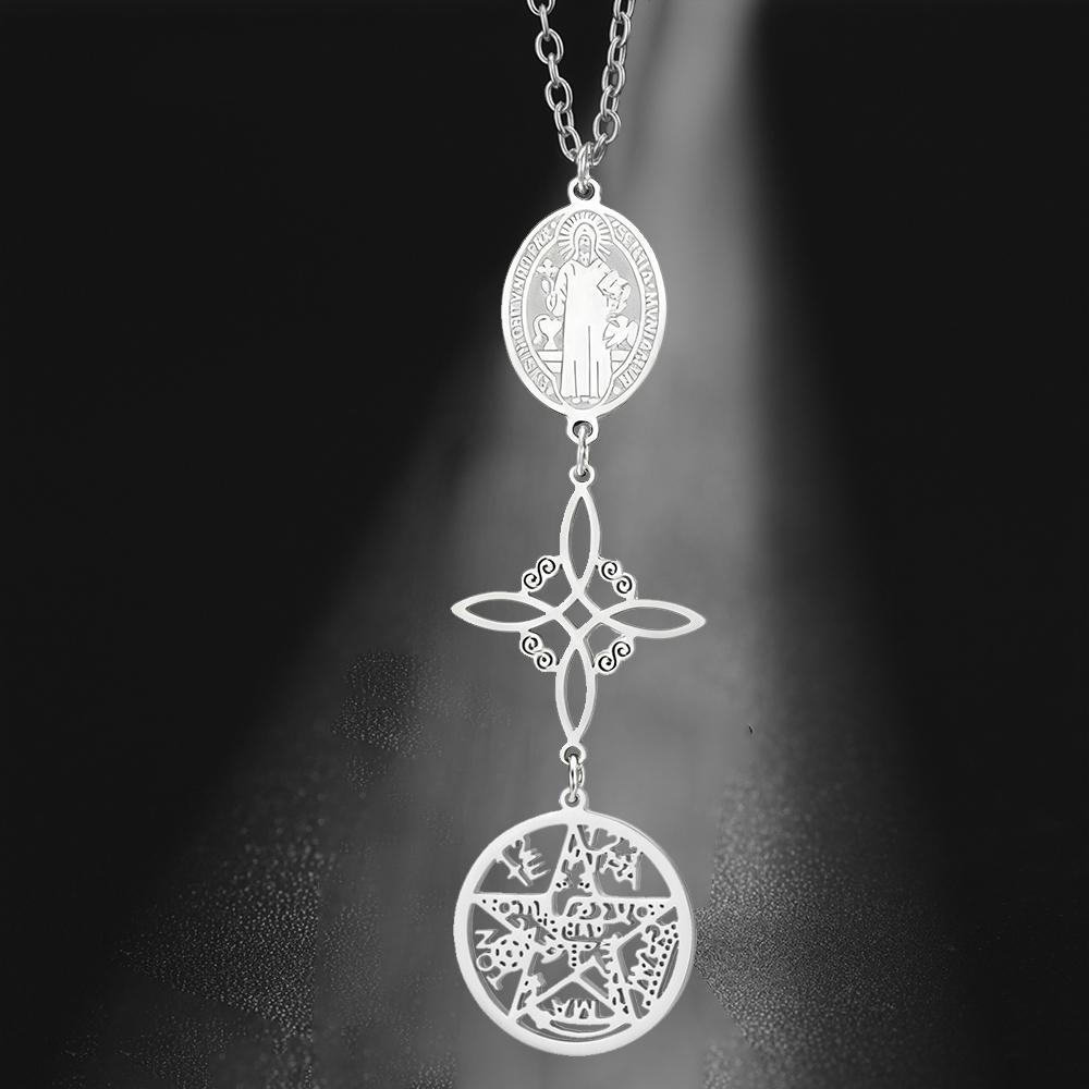 Triple Protection Necklace St. Benedict Witch Knot Pentagram Tetragrammaton Stainless Steel Double-side Jewerly