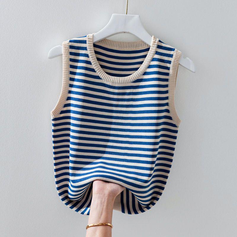 Women's Ice Silk Striped Knitted Strappy Tank Top