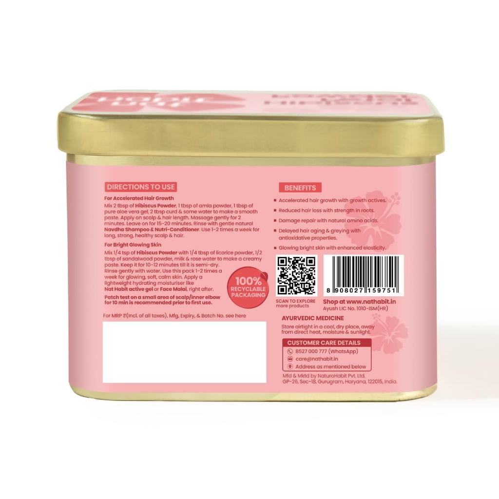 Nat Habit 100% reines Hibiskuspulver für Haarwachstum und Gesichtsmaske - Natürlicher Hibiskus Rosa-Sinensis für strahlende Haut 100g