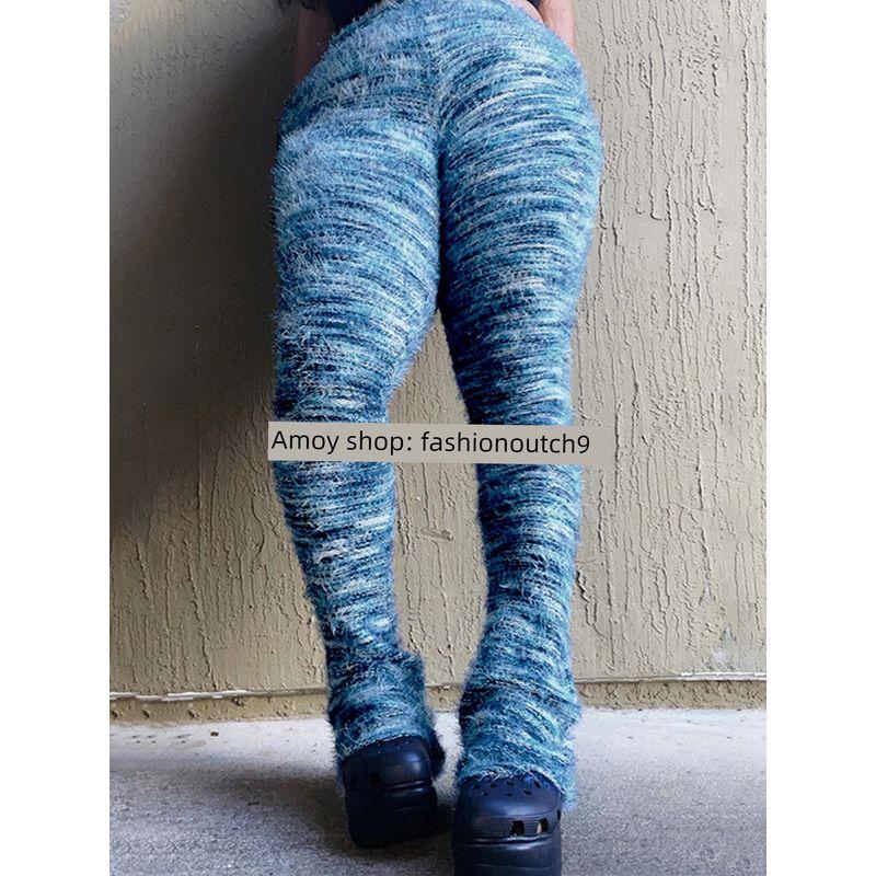 

2025 Colorful Striped Plush Personalized Stacked Pants Blue M