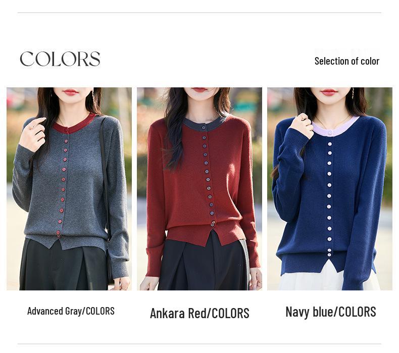 Round Neck Color Block Knit Cardigan - Women's Short Sweater for Spring & Autumn