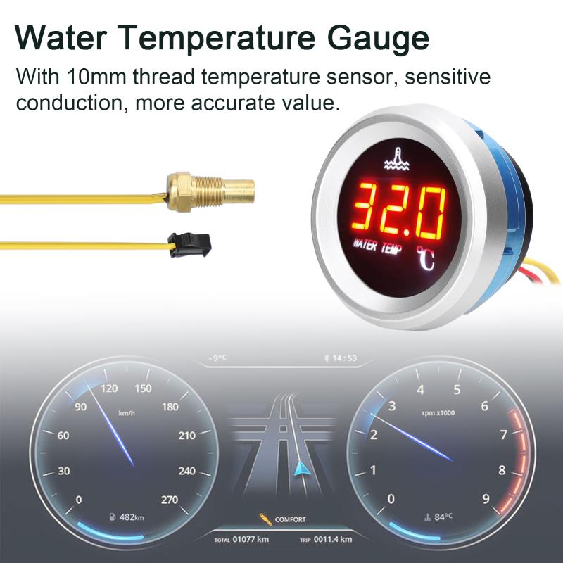 52mm Wassertemperaturanzeige Auto Digitales Messgerät LED-Anzeige 9-36V mit Temperatursensor Alarmfunktion Wassertemperaturanzeige