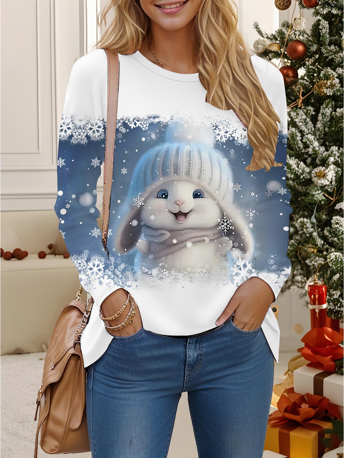 

Топи для жінок 3D Різдвяний принт Круглий виріз Довгий рукав Футболка Осінній Повсякденний Приталений Пуловер Жіночий Топ з довгим рукавом XXL синій