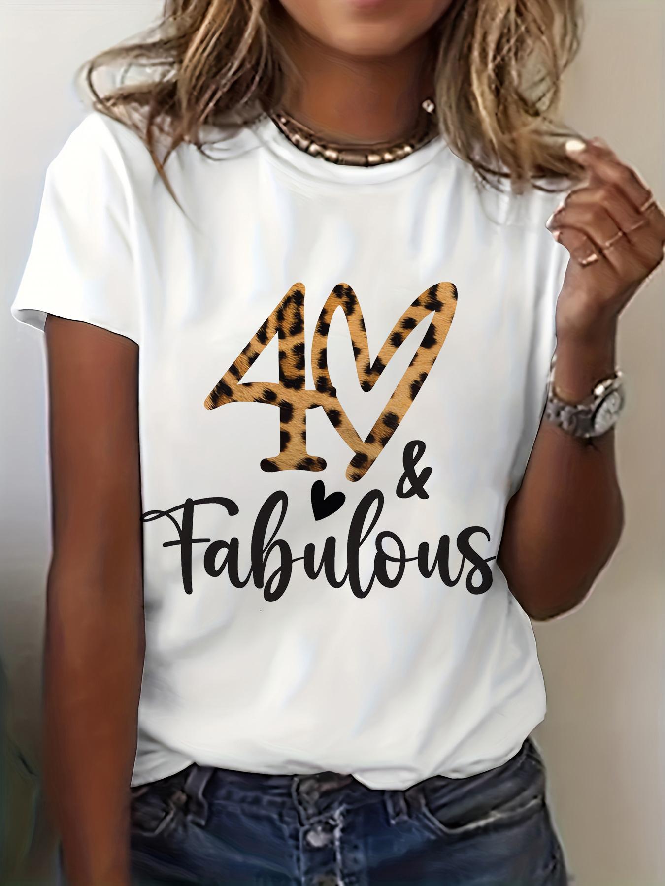 

Womens 40th Birthday Leopard Heart Cursive Letter Print TShirt White Short Sleeve Crew Neck Casual Top Aesthetic Clothes S
