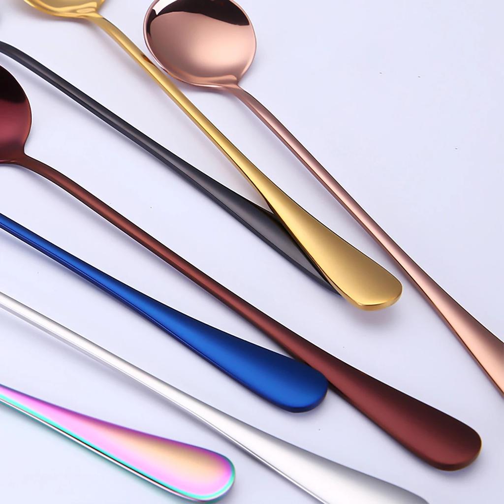 6Pcs Stainless Steel Coffee Tea Stir Spoon Long Handle Ice Cream Dessert Spoons Stainless Steel Tableware Set Kitchen Supplies