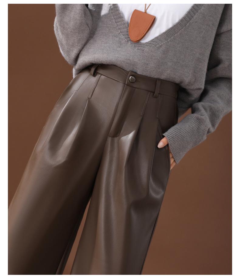 Damskie spodnie ze skóry jagnięcej z wysokim stanem i szerokimi nogawkami - Trend Jesień/Zima 2025