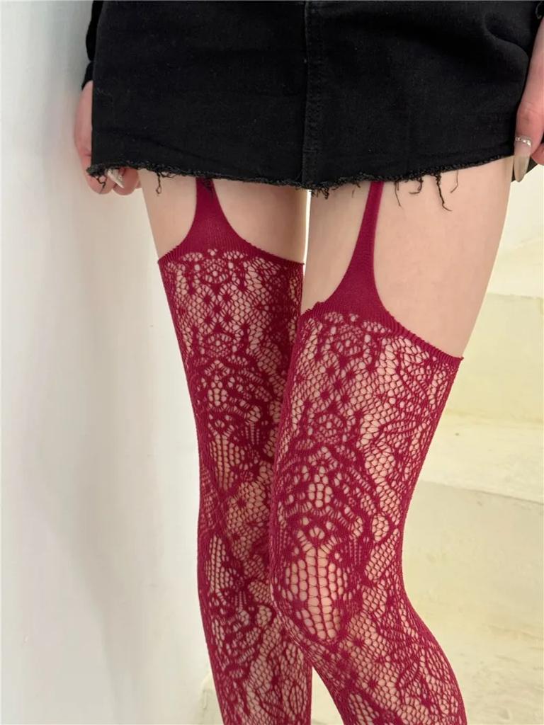 New Print Knee High Socks Women Sexy Fishnet Thigh High Stockings with Suspender Floral Retro Pattern Japanese Lolita Long Socks