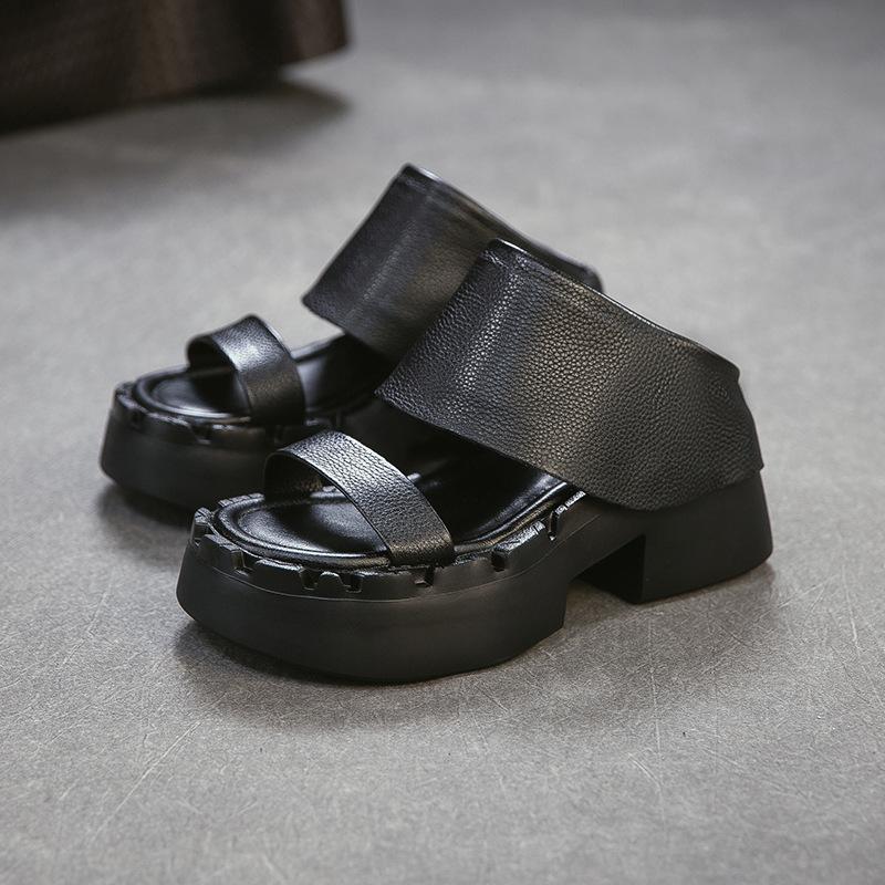 Genuine Leather Retro Thick Soled Peep Toe Sandals Versatile Coarse Heel Women's Slip-on Shoes