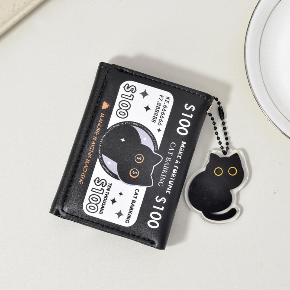 

Short Black Cat Cash Purse Bag PU Leather Three Fold Wallets with Pendant Girls